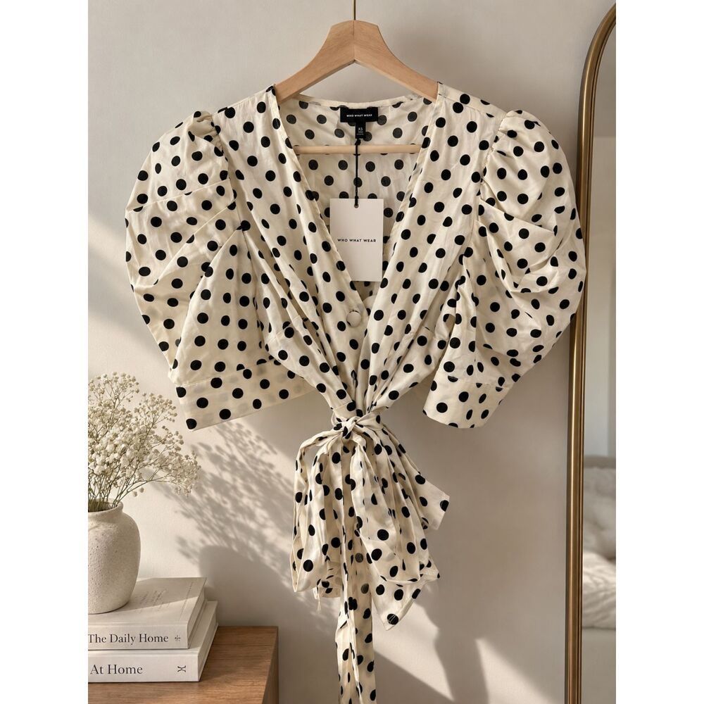 NWT Who What Wear Polka Dot Wrap Top XS | Puff Sleeve Blouse